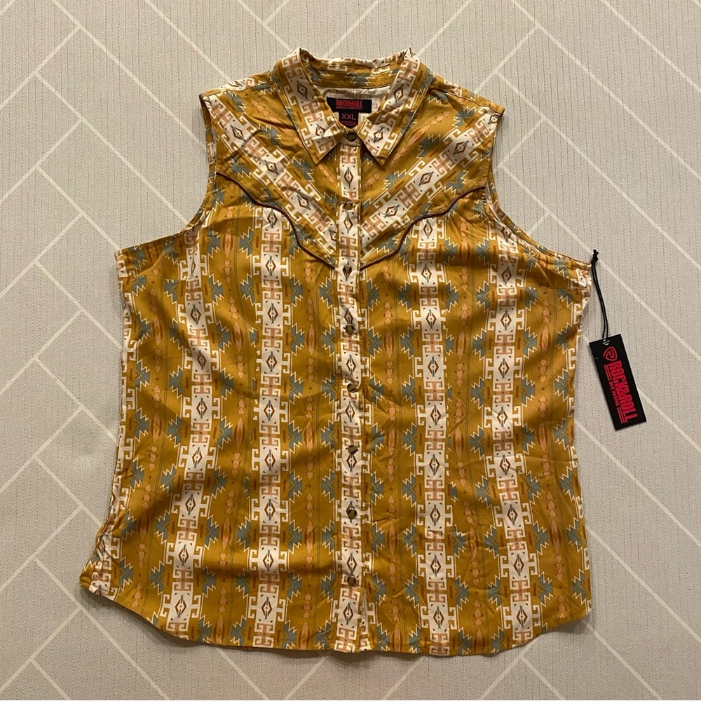 NWT)Rock & Roll Cowgirl Camel Aztec Print Snap Shirt Women’s Size XXL